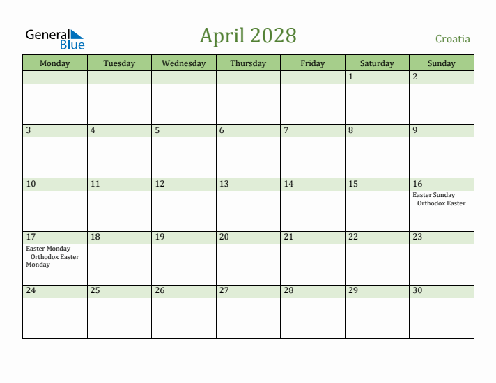 April 2028 Calendar with Croatia Holidays