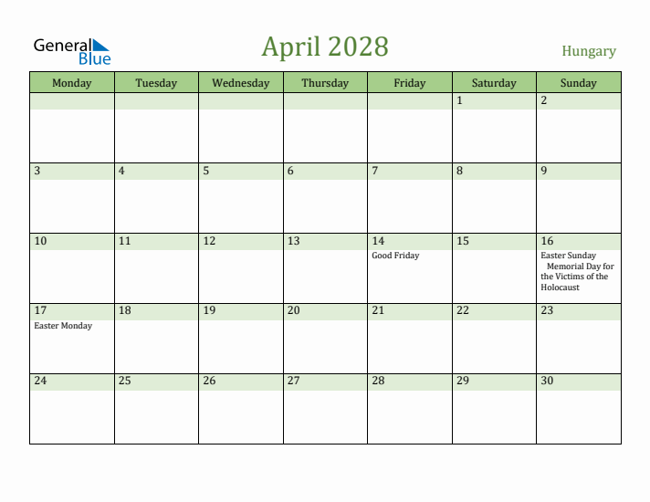 April 2028 Calendar with Hungary Holidays