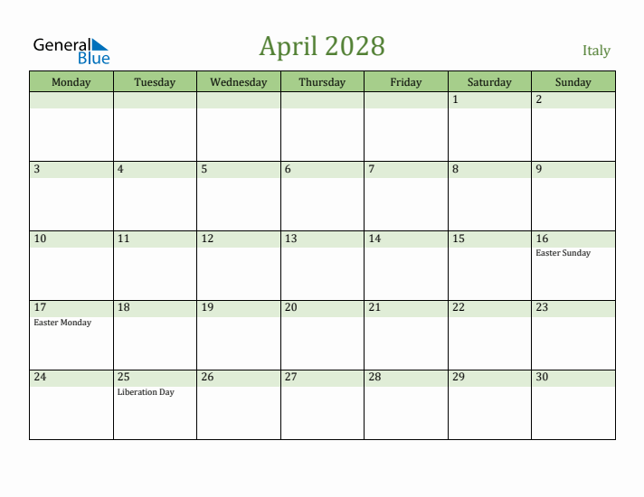 April 2028 Calendar with Italy Holidays
