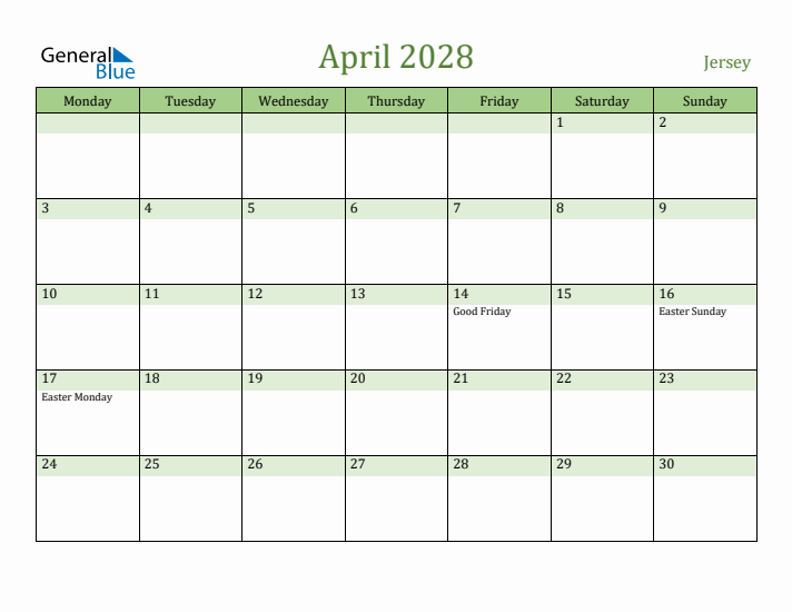 April 2028 Calendar with Jersey Holidays