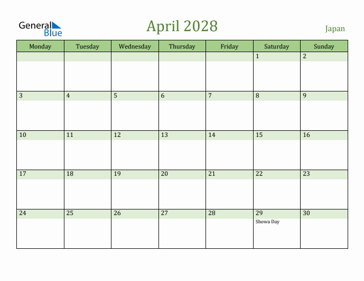 April 2028 Calendar with Japan Holidays