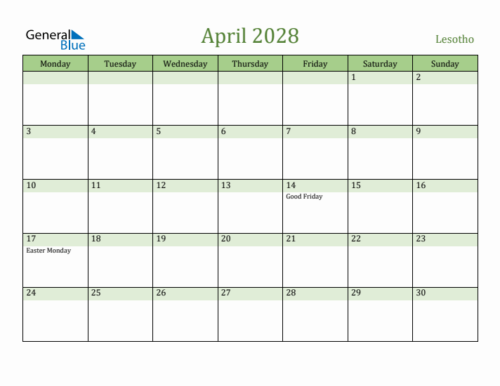 April 2028 Calendar with Lesotho Holidays
