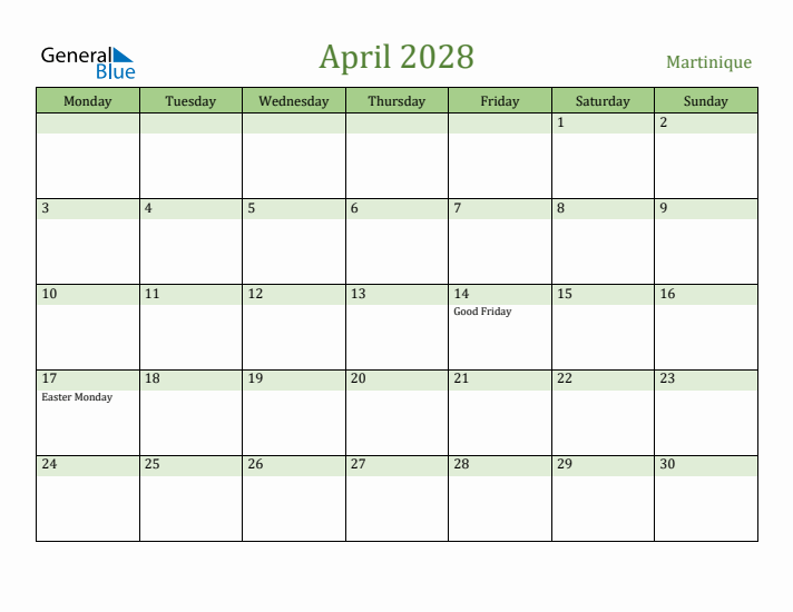 April 2028 Calendar with Martinique Holidays
