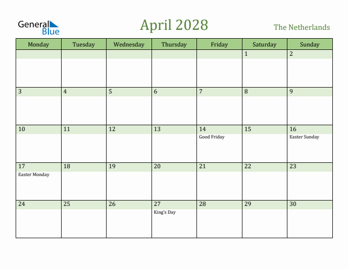 April 2028 Calendar with The Netherlands Holidays