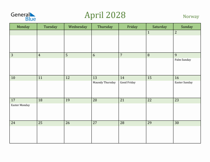 April 2028 Calendar with Norway Holidays