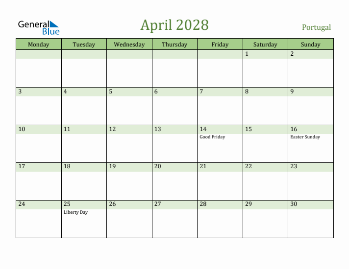 April 2028 Calendar with Portugal Holidays