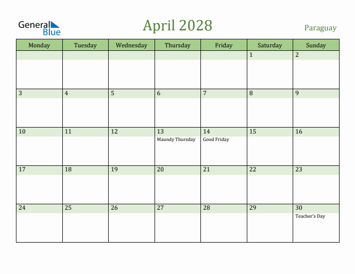 April 2028 Calendar with Paraguay Holidays