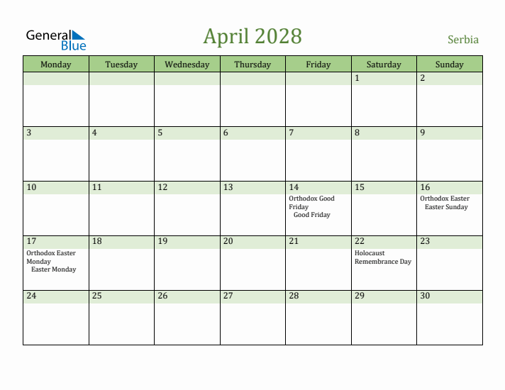 April 2028 Calendar with Serbia Holidays