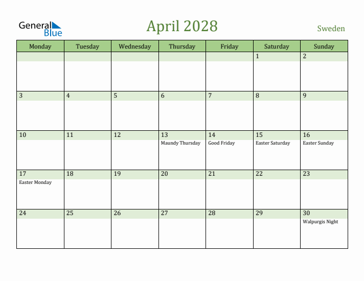 April 2028 Calendar with Sweden Holidays