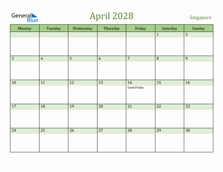 April 2028 Calendar with Singapore Holidays