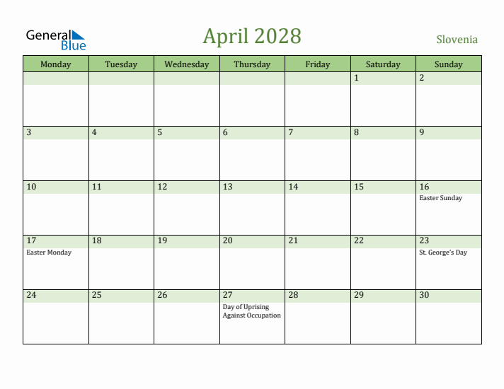 April 2028 Calendar with Slovenia Holidays
