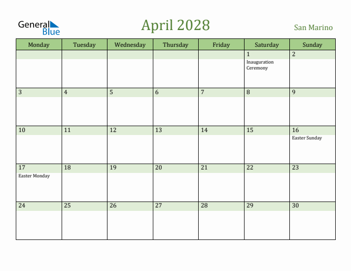 April 2028 Calendar with San Marino Holidays