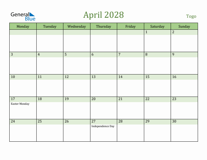 April 2028 Calendar with Togo Holidays