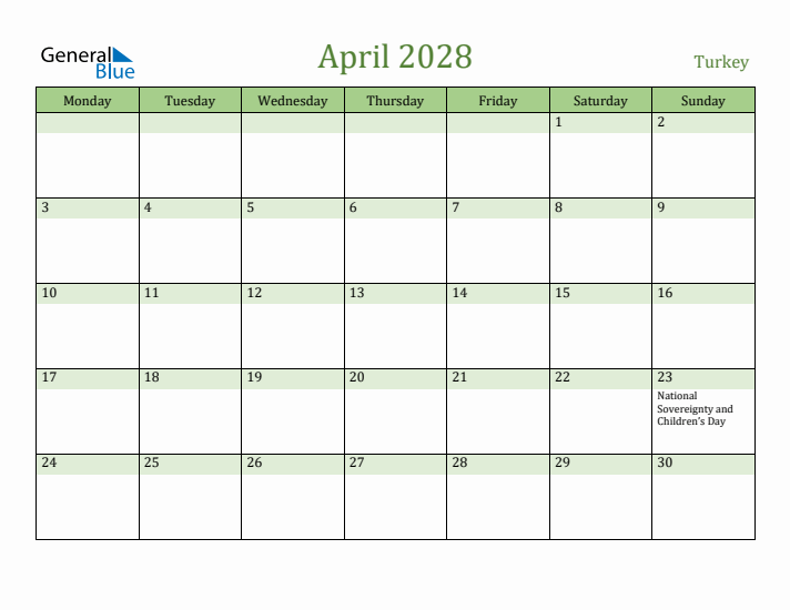 April 2028 Calendar with Turkey Holidays