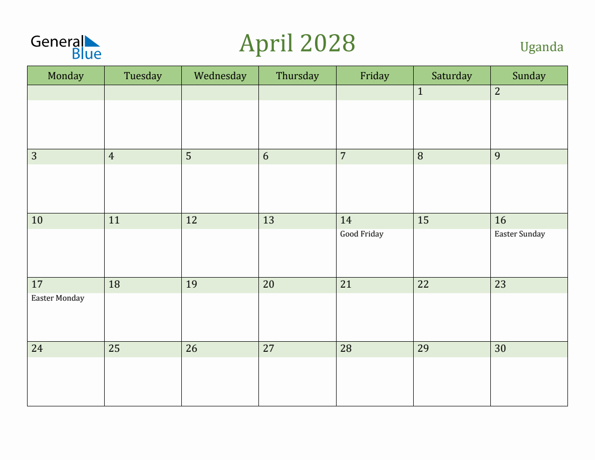 Fillable Holiday Calendar for Uganda - April 2028