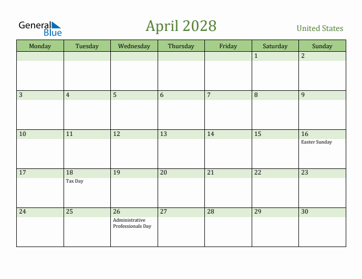 April 2028 Calendar with United States Holidays