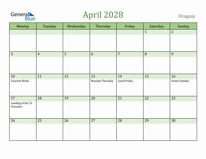 April 2028 Calendar with Uruguay Holidays