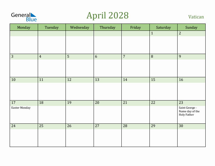 April 2028 Calendar with Vatican Holidays