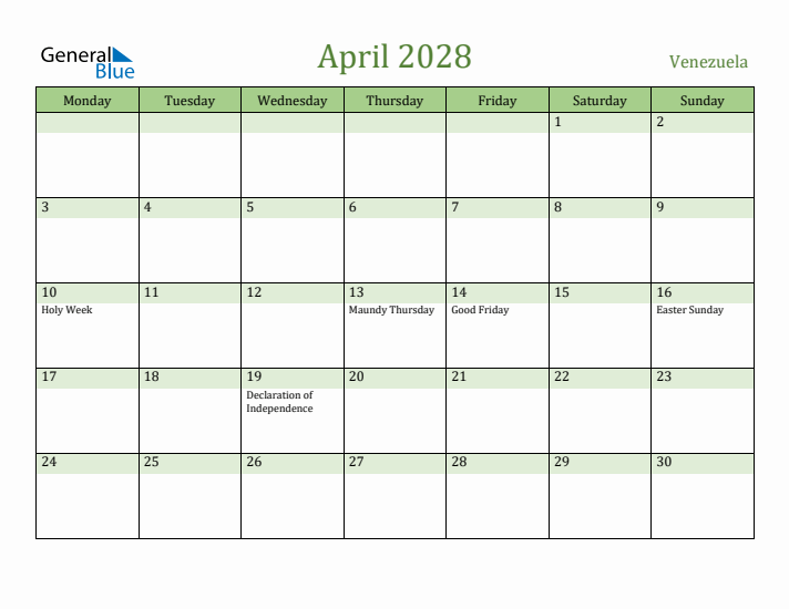 April 2028 Calendar with Venezuela Holidays