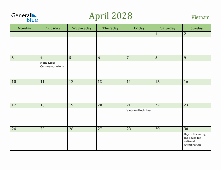 April 2028 Calendar with Vietnam Holidays