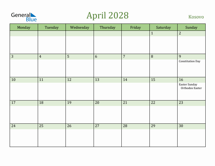 April 2028 Calendar with Kosovo Holidays