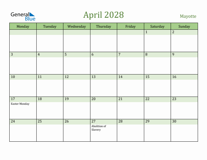 April 2028 Calendar with Mayotte Holidays
