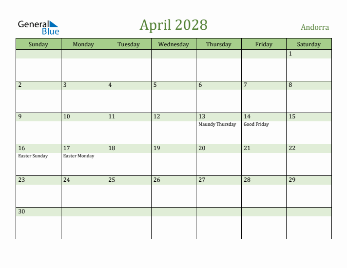 April 2028 Calendar with Andorra Holidays