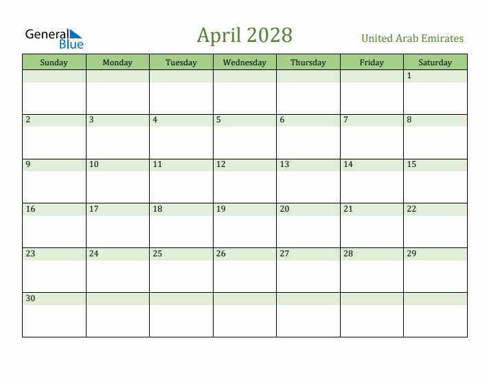 April 2028 Calendar with United Arab Emirates Holidays