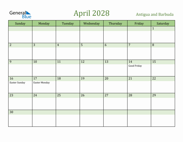 April 2028 Calendar with Antigua and Barbuda Holidays