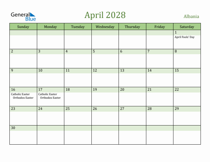 April 2028 Calendar with Albania Holidays