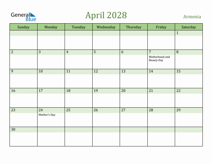 April 2028 Calendar with Armenia Holidays