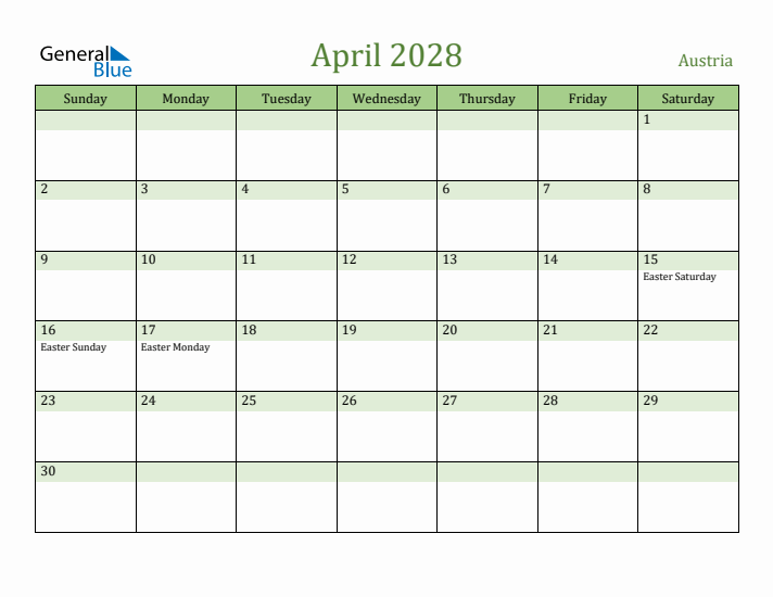 April 2028 Calendar with Austria Holidays