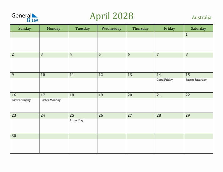April 2028 Calendar with Australia Holidays