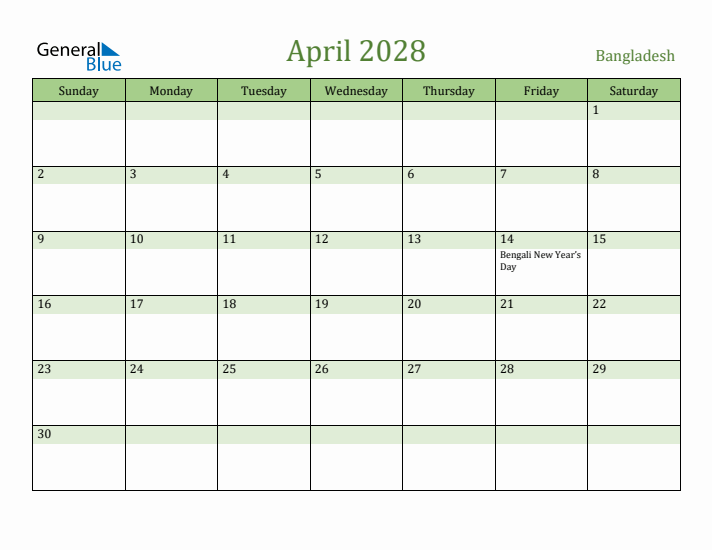 April 2028 Calendar with Bangladesh Holidays