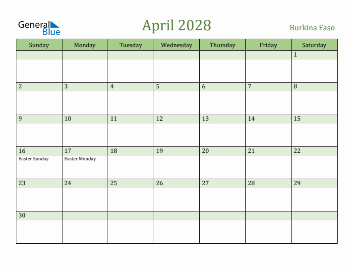 April 2028 Calendar with Burkina Faso Holidays