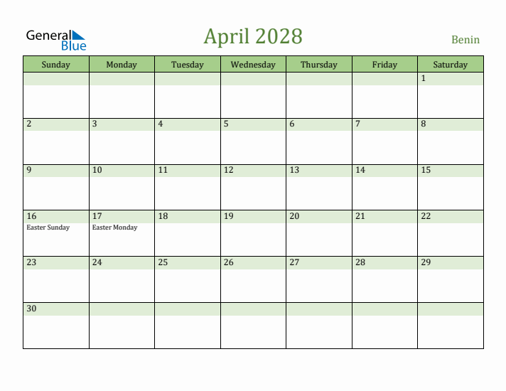 April 2028 Calendar with Benin Holidays