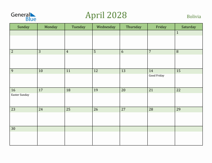April 2028 Calendar with Bolivia Holidays