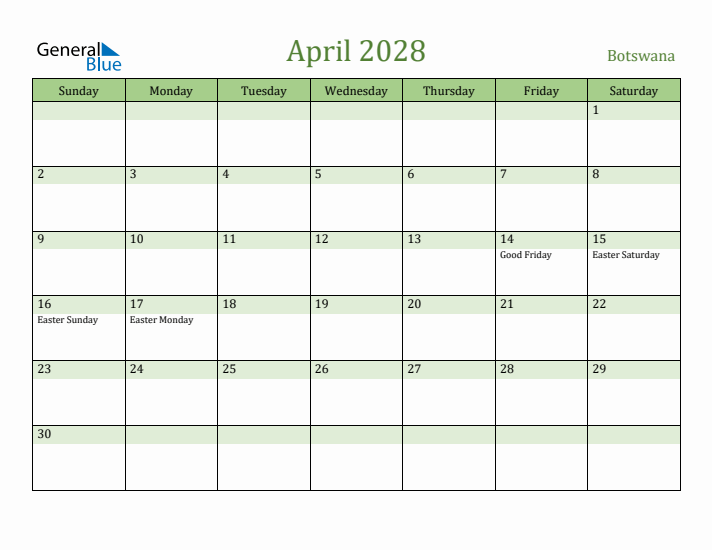 April 2028 Calendar with Botswana Holidays