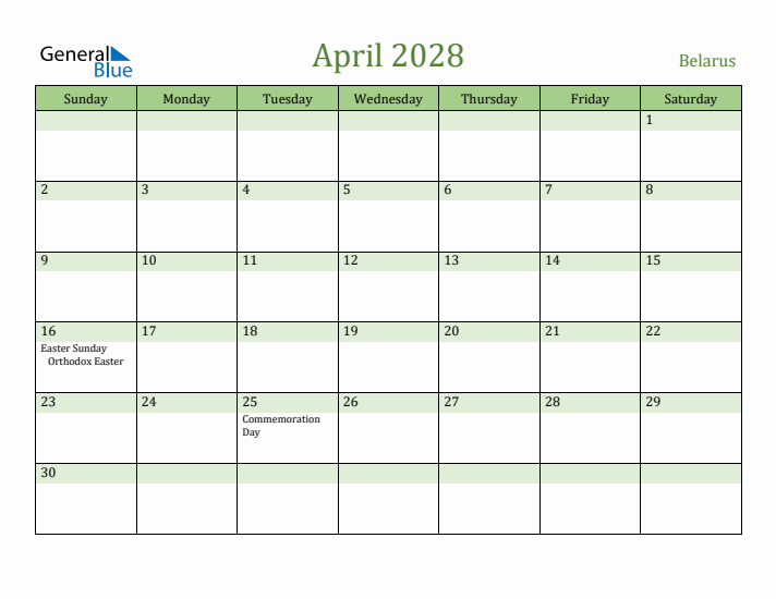 April 2028 Calendar with Belarus Holidays