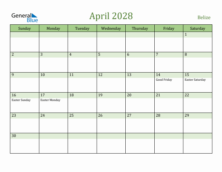 April 2028 Calendar with Belize Holidays