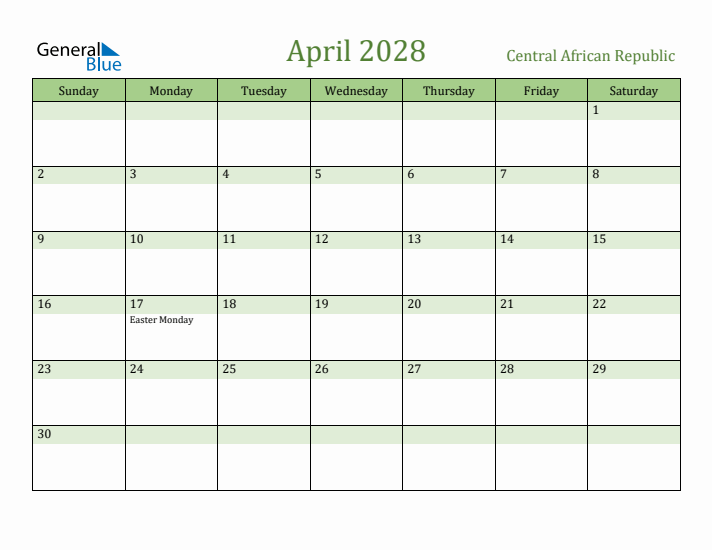 April 2028 Calendar with Central African Republic Holidays