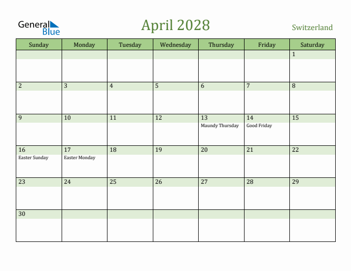 April 2028 Calendar with Switzerland Holidays