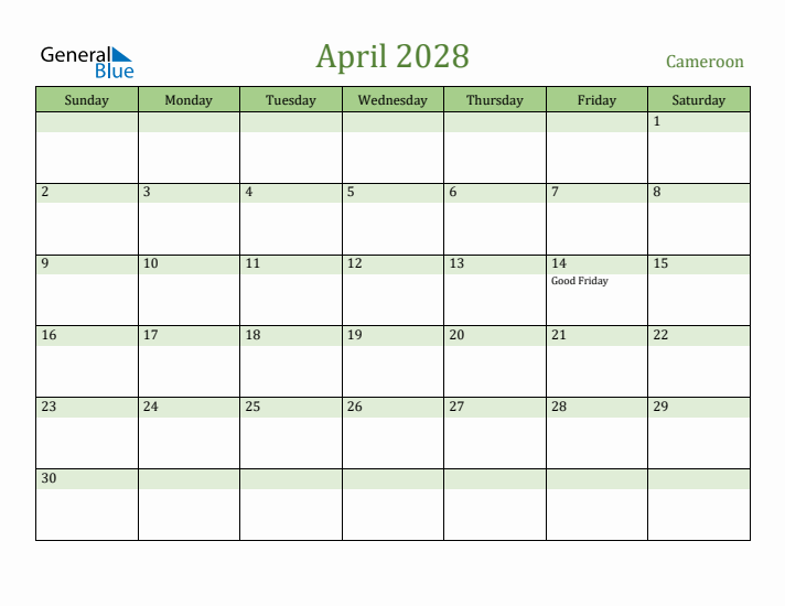 April 2028 Calendar with Cameroon Holidays