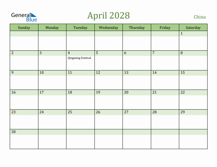April 2028 Calendar with China Holidays