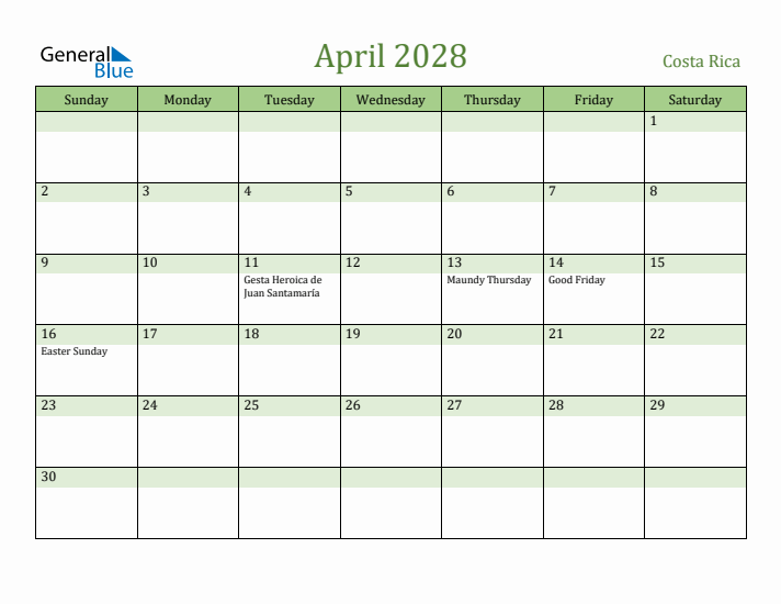 April 2028 Calendar with Costa Rica Holidays