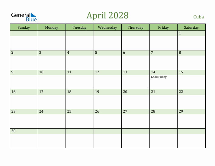 April 2028 Calendar with Cuba Holidays