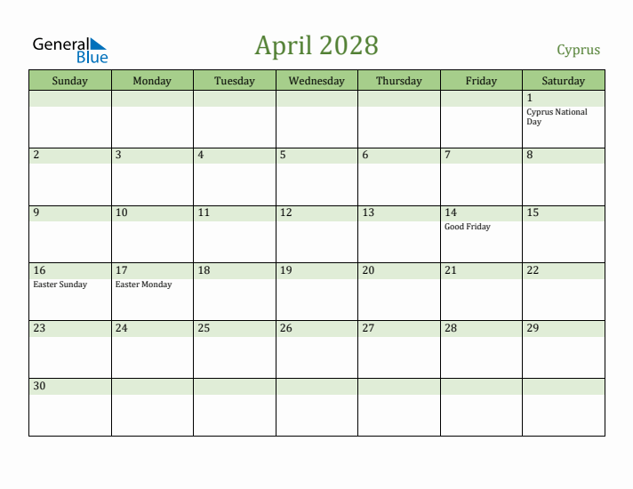 April 2028 Calendar with Cyprus Holidays