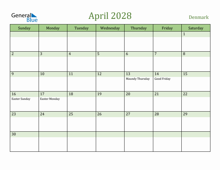 April 2028 Calendar with Denmark Holidays