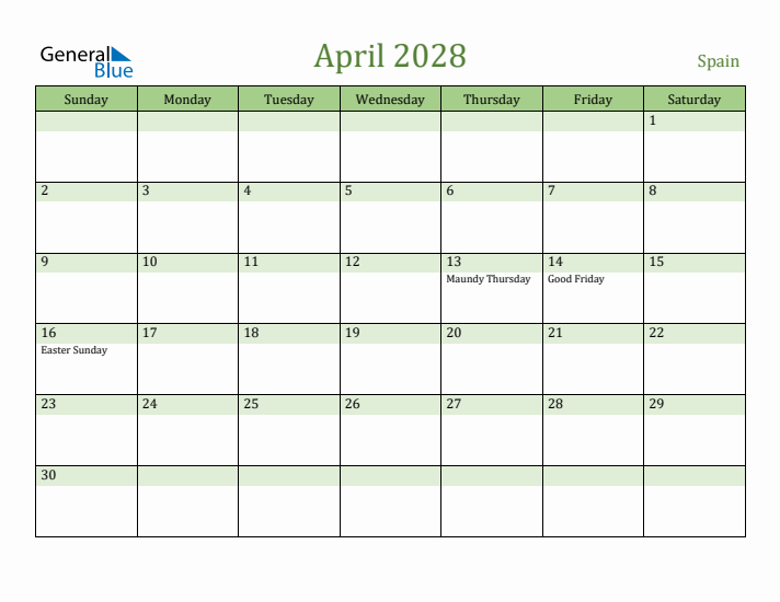 April 2028 Calendar with Spain Holidays