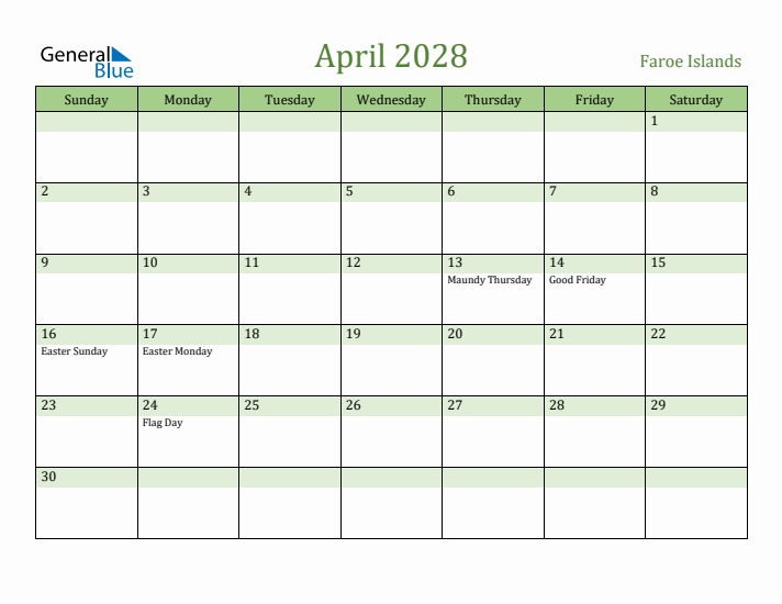 April 2028 Calendar with Faroe Islands Holidays